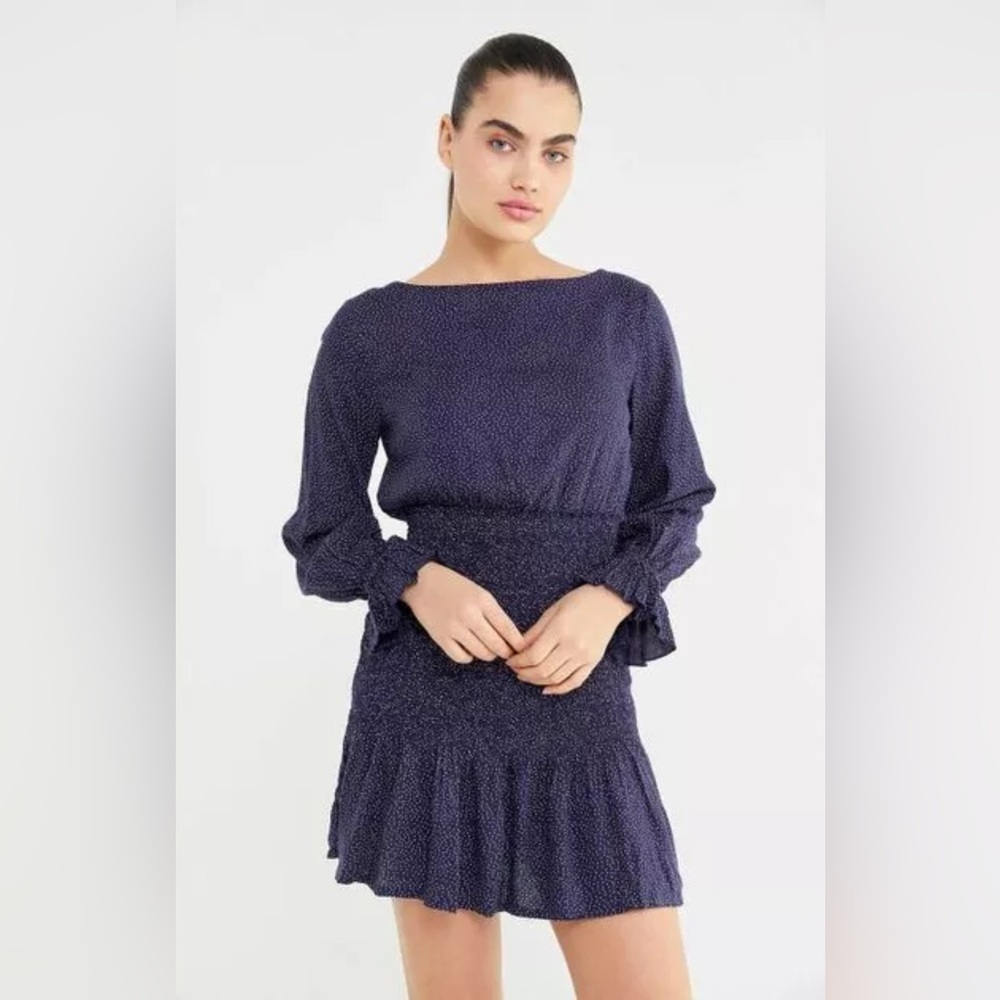 Urban Outfitters Women’s Leandra Smocked Polka Dot Long Sleeve Mini Dress S